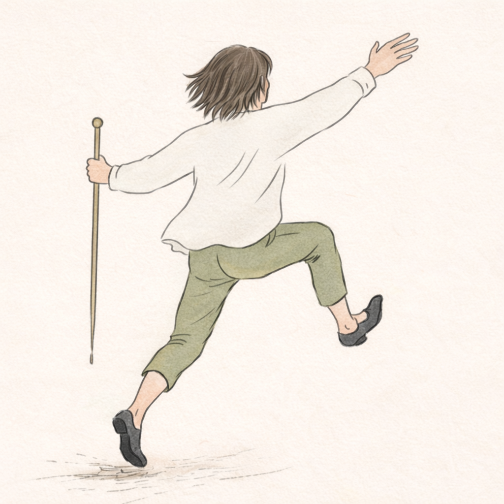 Figure seen from behind, stepping forward with one hand raised and a stick held at the side.